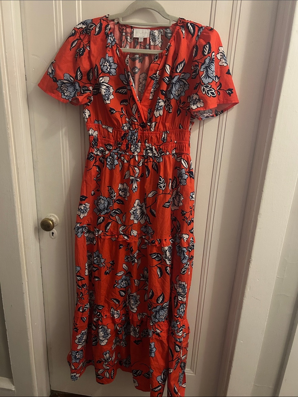 Sugar Lips Floral Midi Dress Orange Blue Smocked Waist Flutter Sleeve - Picture 1 of 4